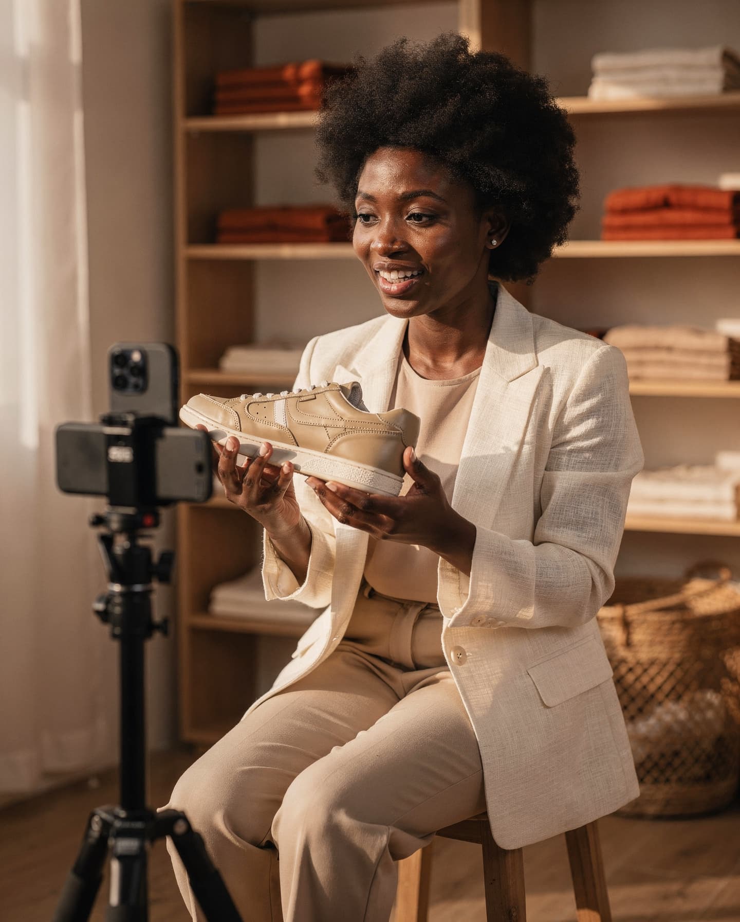 Une vendeuse d’Abidjan présente une paire de baskets devant son téléphone posé sur un trépied, pendant un direct de vente.