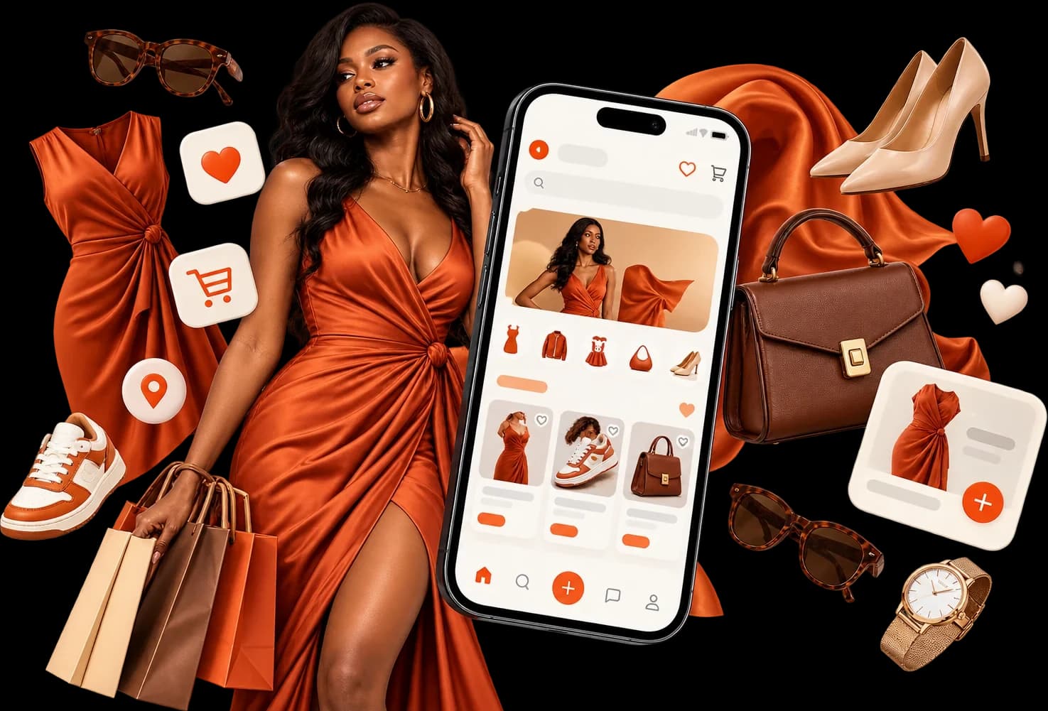 Une cliente en robe rouille, ses sacs à la main, à côté de l’application Sanifers ouverte sur les nouveautés.