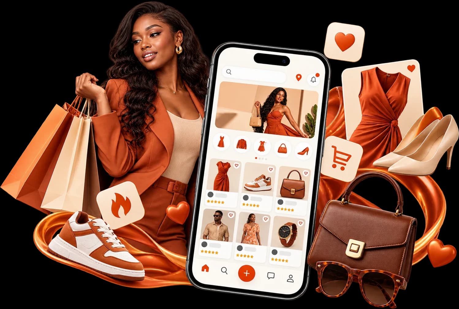 Une cliente en tailleur rouille, ses sacs à la main, à côté de l’application Sanifers ouverte sur la nouvelle collection.